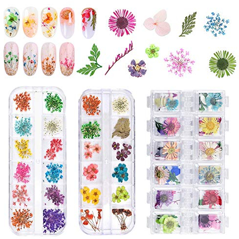 EMAGEREN Nagel Getrocknete Blume 3 Box Kleine Trockenblumen 3D Nailart Sticker Getrocknete Blumen Nagelkunst Aufkleber Getrocknete Blüten Nagel Kunst Zubehör für Nägel Dekoration Epoxidharz Dekor