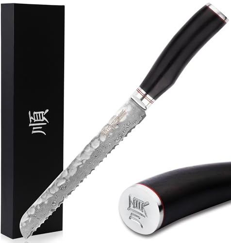 YOUSUNLONG Coltello da pane seghettato - 8''(203mm) - Coltello da gastronomia - Acciaio damasco martellato giapponese - Affetta pane - Coltello per affettare - Manico in legno di ebano naturale