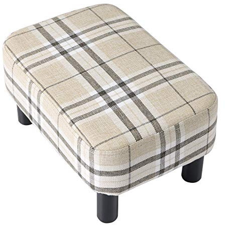 IBUYKE 42CM Small Footstool, Linen Fabric Pouf, with Padded Seat Pine Wood Legs Rectangular Stool, Small Under Desk Footrest, Pet Steps Dog Stairs for High Beds and sofa, Stripes RF-BD215