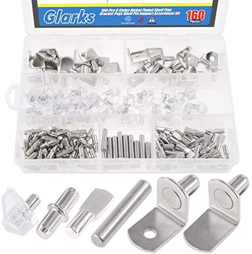 Glarks - Set di 160 perni per scaffali, in nichel, con pioli di supporto per mensole in PVC, pioli piatti per cucchiaio, supporto cilindrico, staffa a forma di L e perni di tassello per armadi
