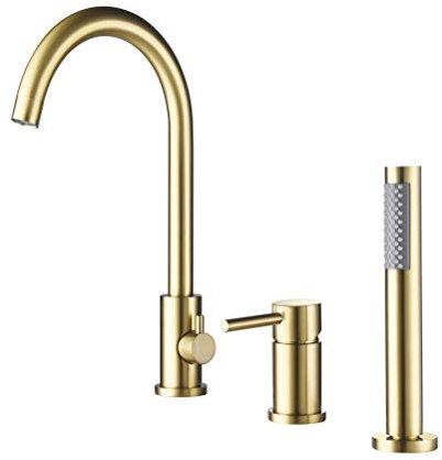 Wanym Robinet de Baignoire Avec Douchette, Salle de Bain Laiton Robinet 3 Trous Cascade avec Mitigeur Baignoire et Douchette, Rotatif à 360° Monocommande Mitigeur pour Baignoire, D'or