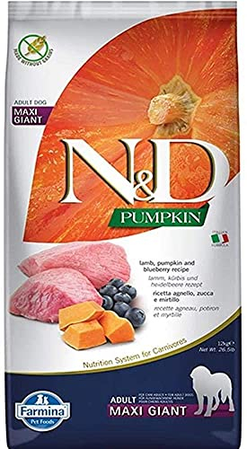Farmina N&D Pumpkin Adult MaxiPellets Hundefutter (Trockenfutter, mit hochwertigen Vitaminen und natürliche Antioxidantien, ohne Mais, Zutaten: Lamm und Blaubeere, Portionsgröße: 12 kg)