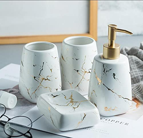 Moderno set di accessori da bagno di lusso, in ceramica, motivo marmo, set di accessori da bagno con dispenser per lozioni, bicchieri, portasapone, telaio (set da 4 pezzi da bagno bianco brillante)