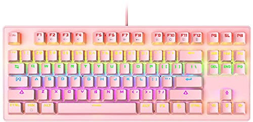 LJFLI Gaming Keyboard Mechanical LED multi-luminous floating keycap green shaft 87-key pluggable shaft set Girls Cardio E-sports Games Office,Pink