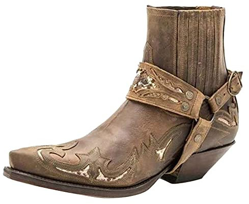 Stivali da moto da uomo Western Cowboy Stivaletti Retro a punta tacco basso in pelle Stivali da motociclista Stivali Hort Stivali da cavallo, D Kaki 01, 44 EU