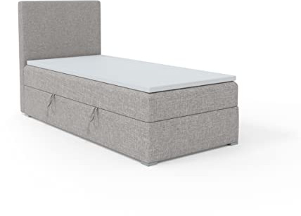 FEDVE Boxspringbett 90x200 cm Grau - Kolorado – Dauerhaft Bett mit Bettkasten Links – Praktisches Einzelbett für Viele Jahr – Kopfteil Bett mit Stauraum zum Schlafzimmer