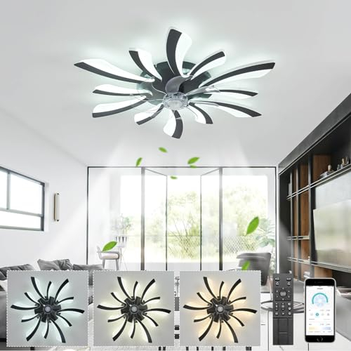 LJX Ceiling Fans with Lights and Remote Control Silent DC Modern Ceiling Fans with Lamps Timer Dimmable Reversible for Bedroom Lounge Kitchen Chandelier Fan Led, Black