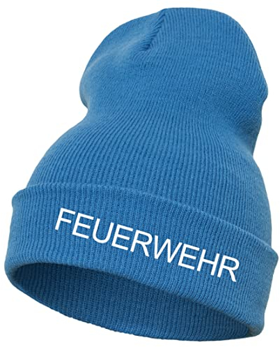 Schnoschi Hellblaue Strickmütze mit breitem Umschlag (Beanie Mütze) mit Feuerwehr Bestickt für Herren, Damen, Jugendliche und Kinder