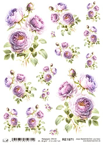 Josys Bastelmärchen Reispapier A4 Strohseide Decoupage Serviertentechnik Violette Rosen RE1971