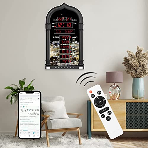 Muslimische Azan Alarm Wanduhr, Wecker mit Fernbedienung,Islamische Gebetsalarm Digital Hintergrundbeleuchtung LCD Wanduhr, Digitale Azan-Uhr Gebetsuhr Automatik für Gebet muslimische Gebet Schwarz