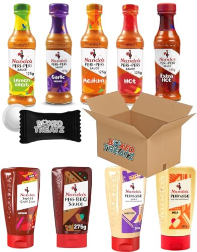 Nando's Sauce Bundle: Lemon Herb, Medium, Hot, Extra Hot, Garlic (125g each) Perinaise Mild/Medium/Garlic Medium 265g, BBQ Sauce 275g & Sweet Chilli Jam 285g (Total 1.98kg) Boxed Treatz