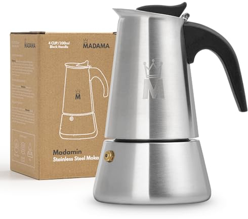 MADAMA - Moka in Acciaio Inox, Caffettiera a Induzione, Moka a Induzione, Caffettiera in Acciaio Adatta a Tutti i Tipi di Piani Cottura - 4 Tazze, 200 ml, Manico Nero