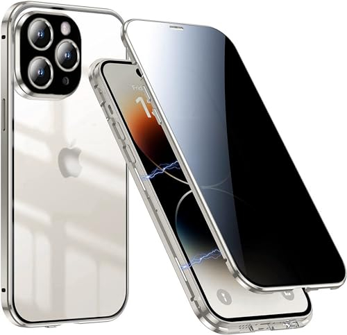 Anti Spy Hülle für iPhone 15 Pro,360 Grad Schutzhülle,Privacy Case mit Sichtschutz Gehärtetes Glas,Vorne hinten Magnetische Metallrahmen Anti peeping Handyhülle für iPhone 15 Pro 5G,Titan Natur
