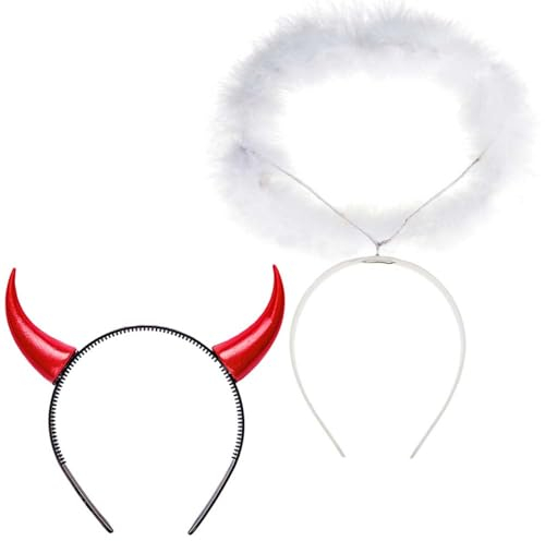 Halloween Haarreifen 2 Stk Set | Damen Kostüm Kopfschmuck | Haarschmuck für Fasching Karneval (Engel & Teufel)