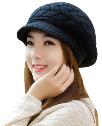 ZKGYUS 1 Stück Strickmützen für Damen Warme Wintermütze aus Wolle Winter Gefütterte Basken mütze Mütze Strick Ballon mütze Warm Slouchy Mütze mit Visier