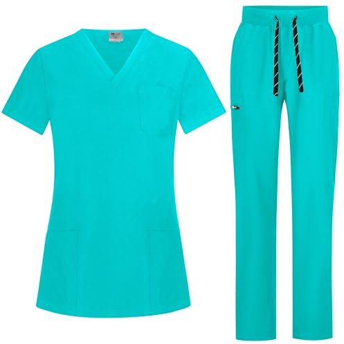 B-well Bella Uniforme Médicale Femme Élastique Ensemble: Haut et Pantalons + Blouse Medicale Femme/Vêtements Médicals Tenue Infirmiere, Bleu Sarcelle, S