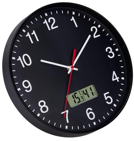 Warminn Wanduhr Ohne TickgeräUsche Lautlos mit Thermometer und Hygrometer Digital LCD 30cm Quarz Groß Batterie Betriebene Einfach zu Lesen für Zimmer Zuhause KüChe Schlafzimmer Büro Schule