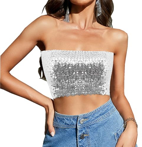 Segreto Damen Glitzer Pailletten Tube Top Sexy Ärmellos Vintage Bandeau Top Meerjungfrauen Trägerlos Crop Top Silber