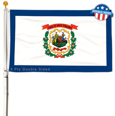 3-lagige Bundesstaatsflagge West Virginia, 60 x 90 cm, 150D Polyester, doppelseitig, strapazierfähig, lebendige Farben mit strapazierfähigem Segeltuchkopf und 2 Messingösen