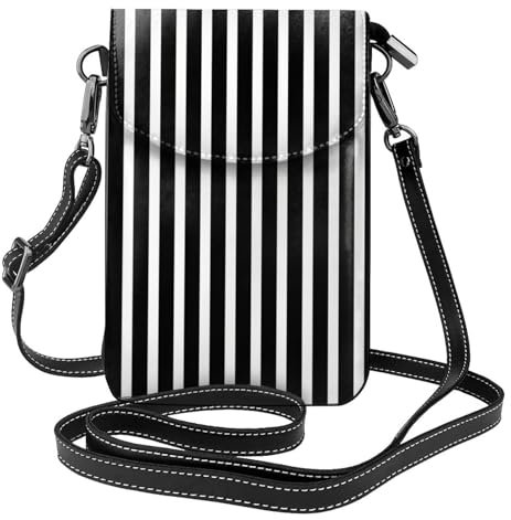 Schwarz-weiß gestreifte Leder-Klapptasche, modisch, Handy-Umhängetasche, PU-Leder, Magnetschnalle, abnehmbarer Schultergurt, faltbare Tasche, Schwarz, Einheitsgröße