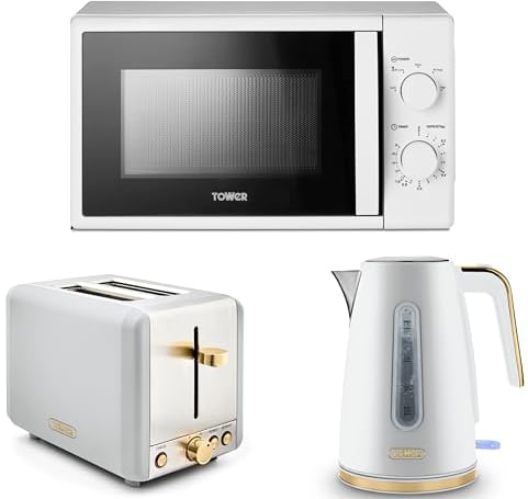 Tower Cavaletto White 1.7L 3KW Jug Kettle, 2 Slice Toaster & T24034WHT 20L 700W Microwave. Contemporary Matching Kitchen Set