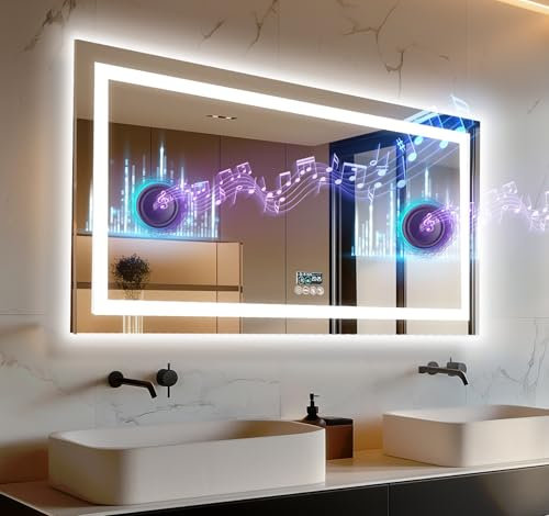 LUVODI Bathroom Mirror with LED Lights: 1200x600mm Large Wall Illuminated Mirror with Bluetooth Dimmable 3 Colours Front Light + Backlit, Anti-fog, Memory Function, Time Temperature Display