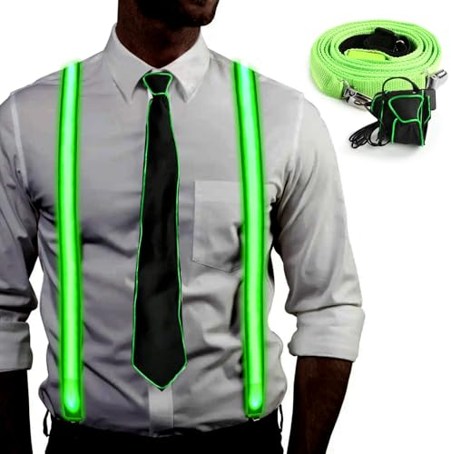 Mstnoixgc Leuchtende Hosenträger und Fliege, Grün LED Hosenträger, LED Fliege Herren, LED Party Accessoires, Geeignet für Musikfestivals, Halloween, Kostümpartys, Weihnachten, Barpartys