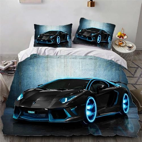 Bettwäsche 135x200 cm Set Luxus Auto Sportwagen Motiv Bettbezug 135x200 Sets 3 Teilig Mikrofaser Bettbezügen 3D Mode Konzeptautos Druck mit Reißverschluss Eckbänder + 2 Kissenbezüge 80x80 cm