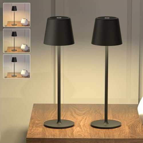 DILUMEN LED Akku Tischlampe Kabellos Touch Control Dimmbare,3000K/4000K/6500K Drei Farbtemperaturen Tischleuchte mit USB-Ladekabel, Für Schlafzimmer,Arbeit, Bar,Restaurant(Schwarz 2ps)