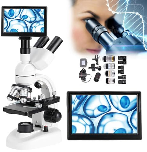 aallwwsso Microscopio trinocular HD, con Pantalla HD de 5 Pulgadas＆Ocular electrónico, 4X, 10X, 40X, 100X Lente Objetivo, con Soporte para teléfono móvil/calibrador Vernier.,5000X