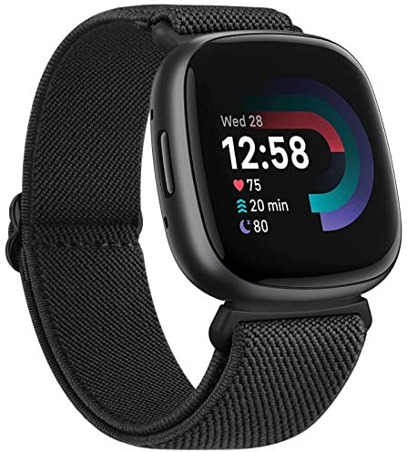 Mugust Armband für Fitbit Versa 3/4/Sense/Sense 2, Sport Nylon Ersatzarmband, Schwarz, Weiches Elastisch, Verstellbare Schnalle, 130mm-210mm, Unisex, Modern, Casual