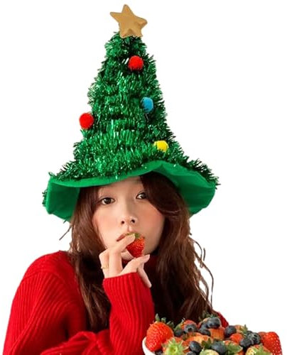 Weihnachtsmütze, Weihnachtsbaum Hut Mit Stern - 47 Cm Wintergrüner Lametta-Hut Weihnachtsschmuck, Grüner Filz Mit Goldenem Stern Und Girlanden Dekoration - Neuheit Spaß Weihnachten Party