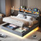 LAKFEW Polsterbett 140x200 cm, Doppelbett Funktionsbett mit USB-Steckdose und LED-Beleuchtung, Hängebett Kopfteil mit Verdeckter Stauraum, Bettgestell Bett mit Lattenrost, Leinen, Ohne Matratze, Grau