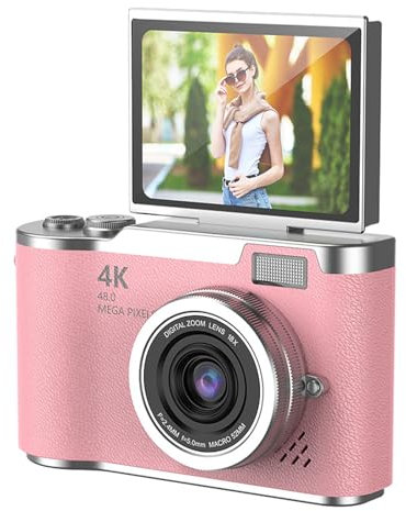 Digital Camera for Photography, 1080P 48MP Vlogging Camera with 2.4 Inch 180° Flip Screen, 8X Digital Zoom Compact Retro Camera (Roseate)