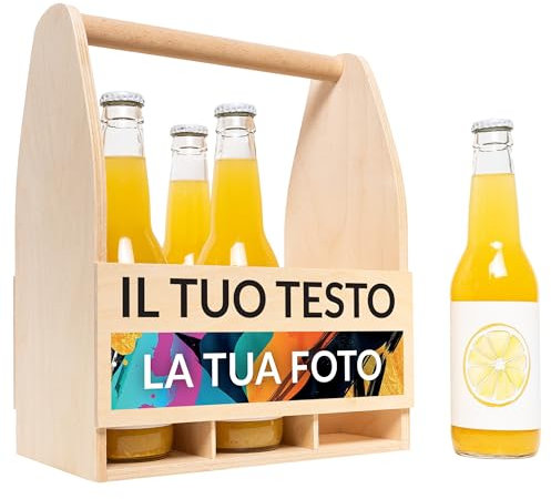 Creative Deco Cantinetta Portabottiglie Personalizzata | 24 x 16 x 30 cm | Cassa in Legno per 6 Birre o Vino, Regalo Personalizzato con Incisione Testo e Foto | Porta Bottiglie Artigianale Regalo Uomo