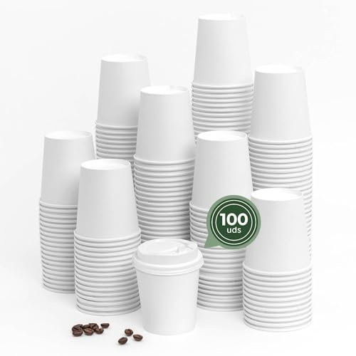 Maxi Products - 100 Vasos Cartón Blanco + Tapa Blanca - 200 cc (7 oz) - Vasos Desechables para Café para Llevar - Reciclables - Apto Alimentos Calientes - TAKE AWAY