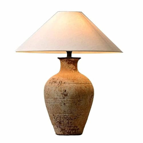 LYOUAE Distressed Vintage Table Lamp Textured Neutral Glaze Desktop Lamp Jug-Shaped Ceramic Nightstand Lamp with White Fabric Shade for Living Room Bedroom House