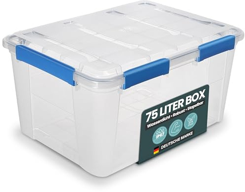 Kreher Aufbewahrungsbox mit Deckel, wasserdicht (75 Liter, Nr. 1) | Staub- & luftdicht dank Silikondichtung und Clips, transparent und stapelbar, BPA- & schadstofffrei, robuste Kunststoffbox