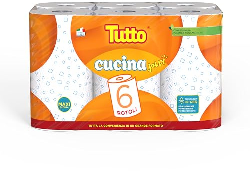 Tutto Cucina Jolly, confezione di 6 rotoli di Asciugatutto decorato con Motivo Geometrico, Tecnologia HI-PER per Massima Assorbenza e Resistenza, In Pura Cellulosa FSC® MIX, Imballo Riciclato min. 50%