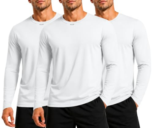 HIBETY Mens 3 Pack Cotton Stretchable T-Shirts, UPF 50+ Sun Protection Long Sleeve Sport Tees, Moisture Wicking Athletic T-Shirts