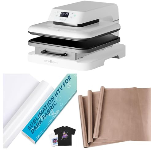 HTVRONT 15x15 (38cm x 38cm) Auto Heat Press Machine + Sublimation HTV for Dark/Light Fabric + 3 Pack Non-Stick 16 x 20 Teflon PTFE Heat Transfer Paper