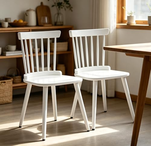Bekrvio Windsor Esszimmerstühle 2er Set, Massivholz Stuhl mit Lehne, Hochwertige Holzsitzfläche, Küchenstuhl Weiß, Stabil bis 150 kg, Skandinavischer Esszimmerstuhl