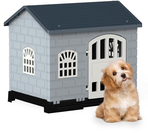 COSTWAY Plastic Dog House, Indoor Outdoor Pet Shelter with Slanted Roof, Removable Toilet Tray, Lockable Door & 3 Windows, Weather-Resistant Puppy Kennel for Small Dogs Cats Rabbits (Grey)