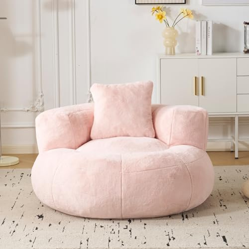 Fiximaster Sitzsack Erwachsene mit Füllung, Geräuschloser Runder Bean Bag mit Schaumstoff-Schnitzeln, Lesesessel & Gaming Sessel, Premium Kaninchenplüsch in Blütenform mit Kissen,Rosa