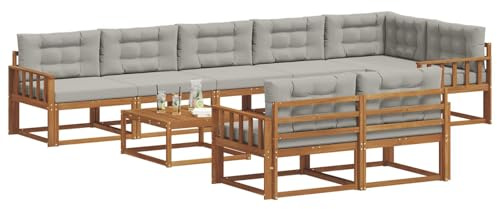 vidaXL Outdoor-Sofagarnitur mit Kissen 9 pcs Natürlich und Hellgrau, Outdoor-Sitzmöglichkeiten, Garten-Lounge-Sofaset, Langlebige Terrassen-Sektional, Modernes Gartenmöbel
