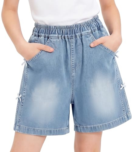 Tokeya Jeans Shorts Mädchen Kinder Sommer Kurze Hose für Gr.122-170 | Elastische Taille, Taschen, Baggy, Atmungsaktiv Denim Shorts, 7-15 Jahre, Teenager Kurz Hosen, Casual Outdoor Streetwear