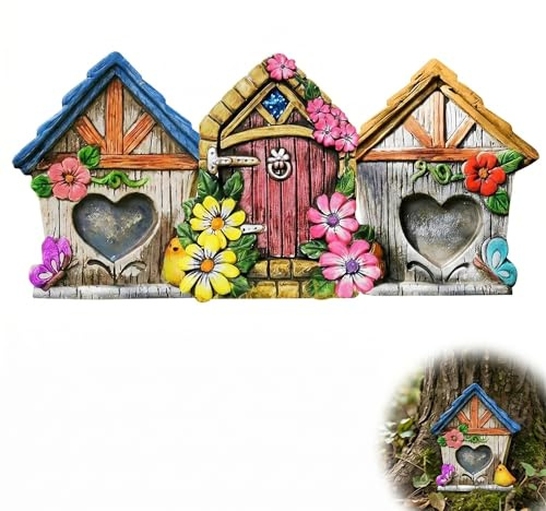 3er Set Wichteltür Holz Feentür für Baum und Garten, Magische Elfentür Miniatur Dekoration für Draußen & Innen, Wichteltüren Set für Kinderzimmer Wand & Feengarten, 10x9cm, Bunt
