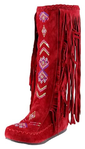 Générique Bottes Western à Franges pour Femmes Hautes en brodé Plates mi-Mollet avec Pompons idéales Neige