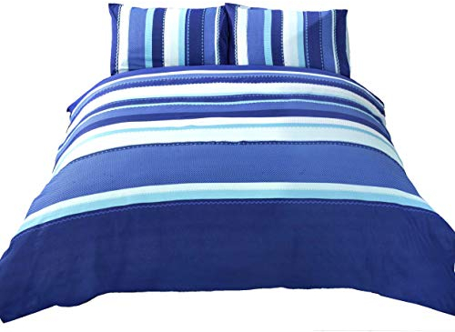 Signature Striped Adults Teenagers Quilt Duvet Cover and 2 Pillowcase Bedding Bed Set, Blue, Double