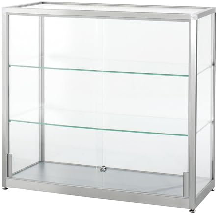 Certeo kaiserkraft | Vitrine | halbhoch | Höhe 910 mm | 2 Schiebetüren | BxT 1000 x 400 mm | silber eloxiert